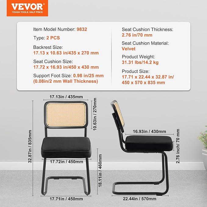 VEVOR Rattan Dining Chairs Set of 2, Mid Century Modern Dining Chair, Upholstered Velvet Accent Chair with Rattan Back, Retro Dining Room Kitchen Chair for Living Room, Bedroom, Office (18.1 Inch) - LeafyLoom
