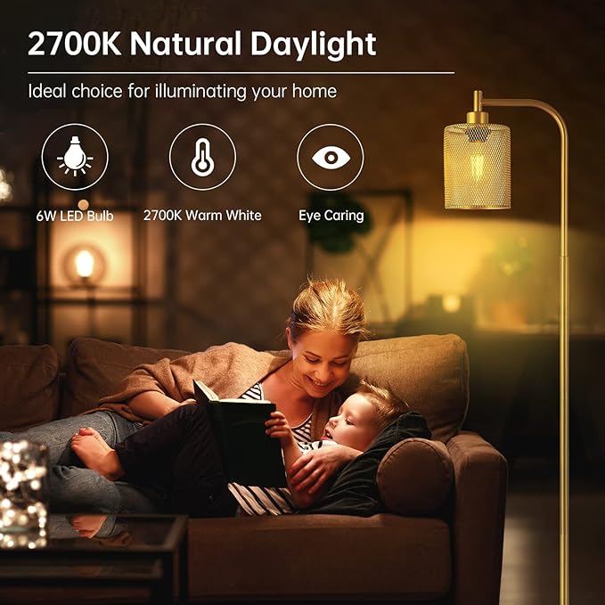 BoostArea Industrial Gold Floor Lamp, 67 Inch LED Standing Lamp with Iron Mesh Lampshade, 6W Brass Stand Up Lamp for Living Room, Bedroom, Office, Den - LeafyLoom