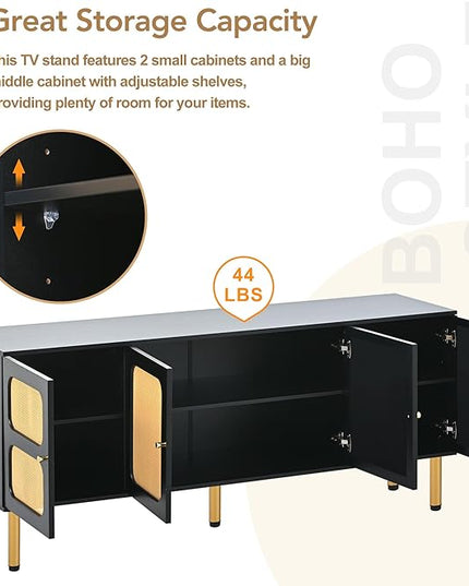 Merax Boho TV Stand with Rattan Door, Woven Media Console Table for Television Up to 70”, Country Style Design Side Board with Gold Metal Base for Living Room, 64.9" Length, Black - LeafyLoom