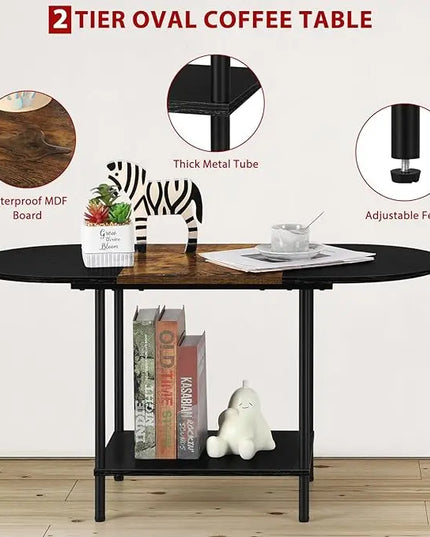 ETELI Small Black Coffee Tables Oval Center Table with Storage and Open Shelving Round Coffee Tea Tables for Living Room, Small Space, Home Office, Brown & Black - LeafyLoom