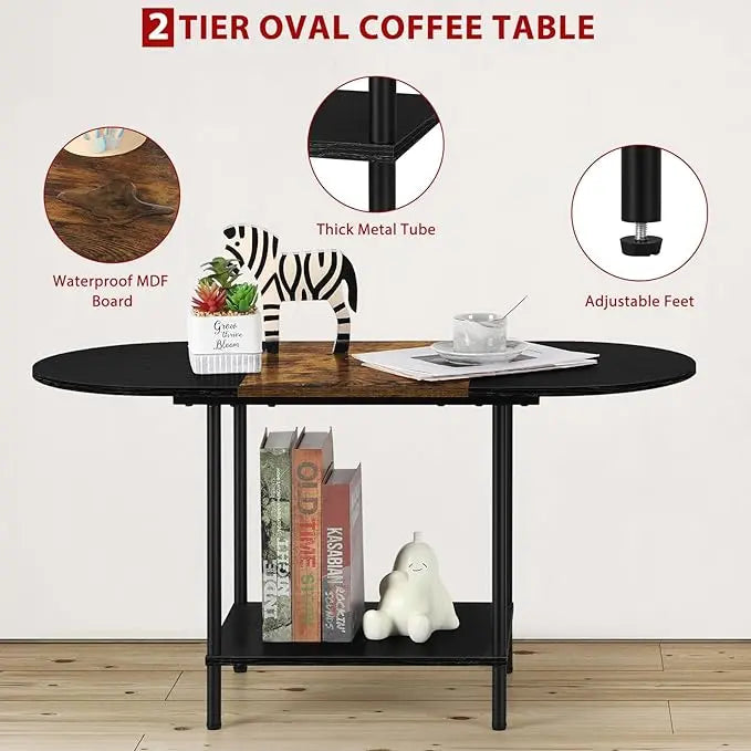 ETELI Small Black Coffee Tables Oval Center Table with Storage and Open Shelving Round Coffee Tea Tables for Living Room, Small Space, Home Office, Brown & Black - LeafyLoom