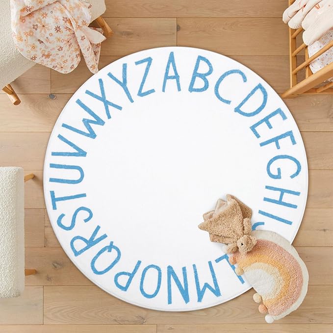 Topotdor Round Kids Play Rug Alphabet Nursery Area Rug Extra Large Soft Crawling Play Mat for Children Toddlers Bedroom (47 inch, Sky Blue/White) - LeafyLoom
