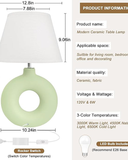 Green Ceramic Table Lamp for Living Room Bedroom, 21" Modern Bedside Lamps for Kids Room 3 Color Temperature Small Table Lamps for Night Stands, Dorm, Dining Room, Home Décor (Bulb Included) - LeafyLoom