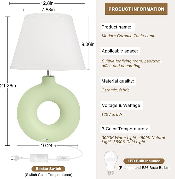 Green Ceramic Table Lamp for Living Room Bedroom, 21" Modern Bedside Lamps for Kids Room 3 Color Temperature Small Table Lamps for Night Stands, Dorm, Dining Room, Home Décor (Bulb Included) - LeafyLoom