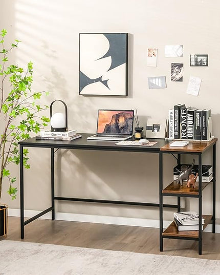 Multifunctional Computer Desk, Industrial Study Writing Desk w/Removable Storage Shelf, Heavy-Duty Metal Frame, 55 Inch Desk for Home Office, Gaming Room, Bedroom (Black) - LeafyLoom