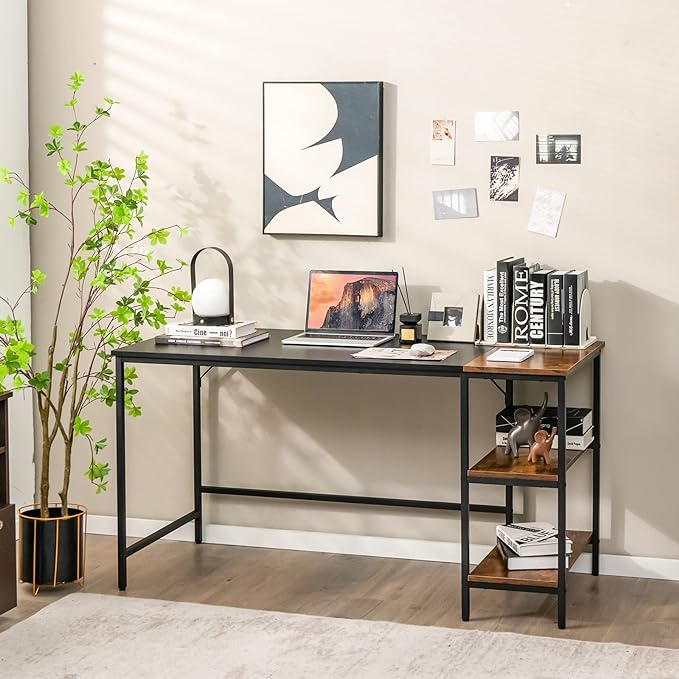 Multifunctional Computer Desk, Industrial Study Writing Desk w/Removable Storage Shelf, Heavy-Duty Metal Frame, 55 Inch Desk for Home Office, Gaming Room, Bedroom (Black) - LeafyLoom