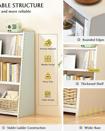 IOTXY Wooden Extendable Shelf Bookcase - 3-Tier Ladder Low Short Bookshelf for Small Space or Corner, White, L - LeafyLoom