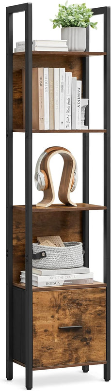 VASAGLE 5-Tier Bookshelf, Book Shelf with Drawer, Industrial Bookcase, with Steel Frame, for Living Room, Home Office, Bedroom, 9.4 x 15.7 x 65 Inches, Rustic Brown and Black ULLS146B01 - LeafyLoom