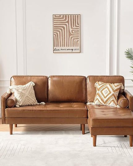 Vonanda Sectional Couch Sofa, L Shaped Couch Leather Sofa with Reversible Chaise and Bolster Pillows, Faux Leather Couch Small Couches for Living Room, Apartment and Small Space, Caramel - LeafyLoom