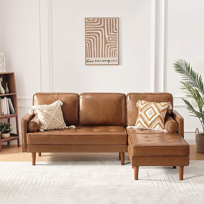 Vonanda Sectional Couch Sofa, L Shaped Couch Leather Sofa with Reversible Chaise and Bolster Pillows, Faux Leather Couch Small Couches for Living Room, Apartment and Small Space, Caramel - LeafyLoom