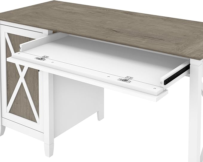 Bush Furniture Key West Computer Desk with Storage | Farmhouse PC Table for Home Office in Pure White and Shiplap Gray | 54W x 24D - LeafyLoom