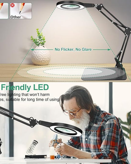 5X & 10X Magnifying Glass with Light and Stand, NAKOOS 2-in-1 Magnifying Lamp with Clamp, 3 Color Modes Touch Control Stepless Dimmable Magnifiers with Stand for Soldering DIY and Close Work - LeafyLoom