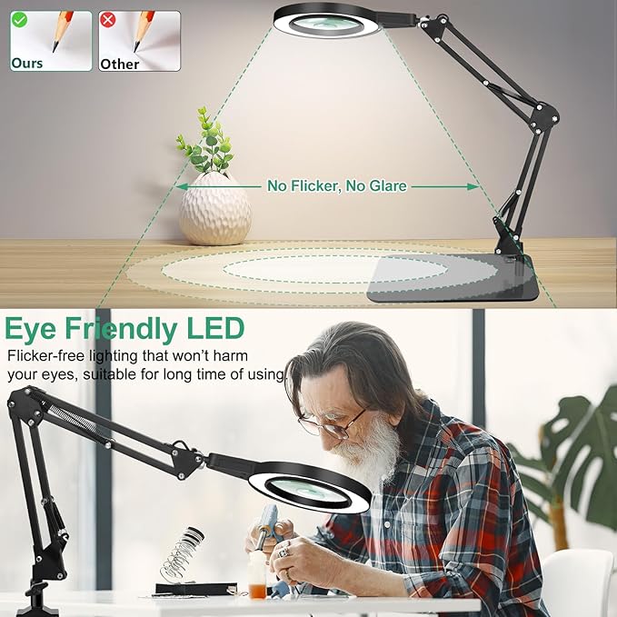 5X & 10X Magnifying Glass with Light and Stand, NAKOOS 2-in-1 Magnifying Lamp with Clamp, 3 Color Modes Touch Control Stepless Dimmable Magnifiers with Stand for Soldering DIY and Close Work - LeafyLoom