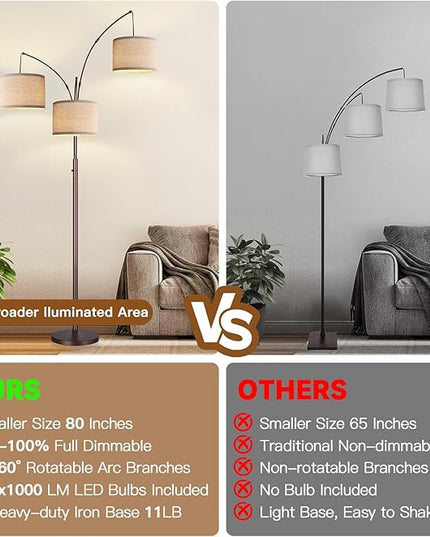 Dimmable Floor Lamp, 3 Lights Brown Arc Floor Lamps for Living Room, Modern Tall Standing Tree Lamp with Beige Linen Shade & Heavy Base, Large Floor Lamp for Bedroom Office, 3x1000 LM Bulbs Included - LeafyLoom