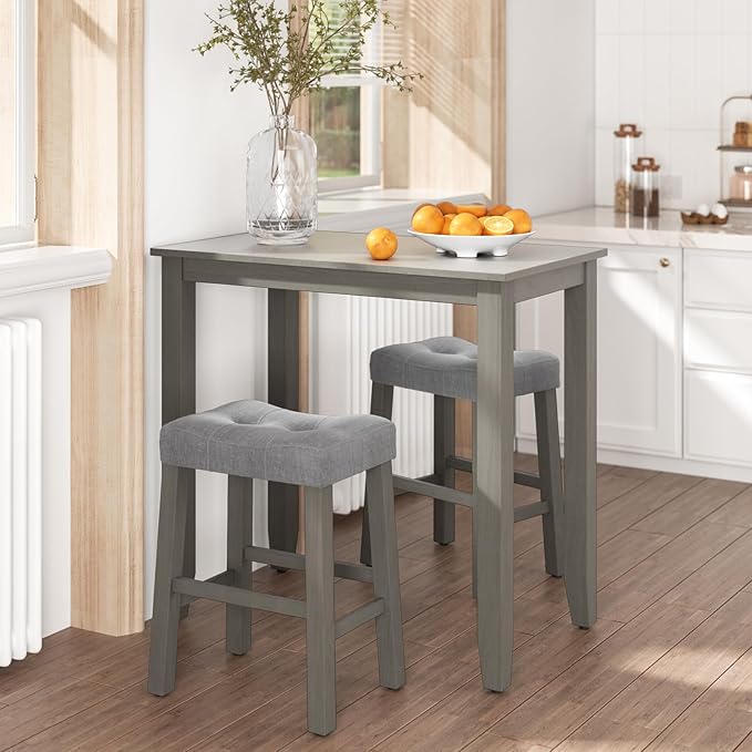Nathaniel Home 3 Piece Table Set Counter Height Dining Furniture One Bench and Two Saddle Stools, Gray - LeafyLoom