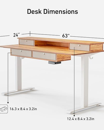 FEZIBO Sturdy Height Adjustable Electric Standing Desk with Drawers, 63 x 24 Inch Stand Up Table with Large Storage Shelf, Sit Stand Desk, Light Rustic Brown Top - LeafyLoom