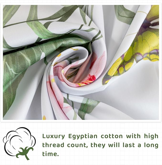 QSH 100% Egyptian Cotton Sheets Set King Size Butterfly Floral Bedding Sheets Spring Leaves Print Bed Sheets Deep Pockets Sheet 4PCs - LeafyLoom