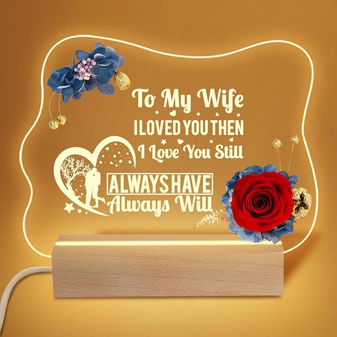 Yamonic Valentines Day Gifts for Her, Handmade Acrylic Plaque with Eternal Real Rose, Night Light with Preserved Rose Romantic Gifts for Girlfriend Wife Women (to My Wife) - LeafyLoom