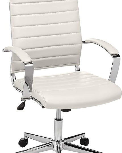 Amazon Basics Executive Modern Office High-Back Adjustable Rolling Computer Desk Chair with Armrests, 360 Swivel, 330 Pound Capacity, Chrome, Stunning White Faux Leather, 23.9"D x 24.69"W x 41.5"H - LeafyLoom
