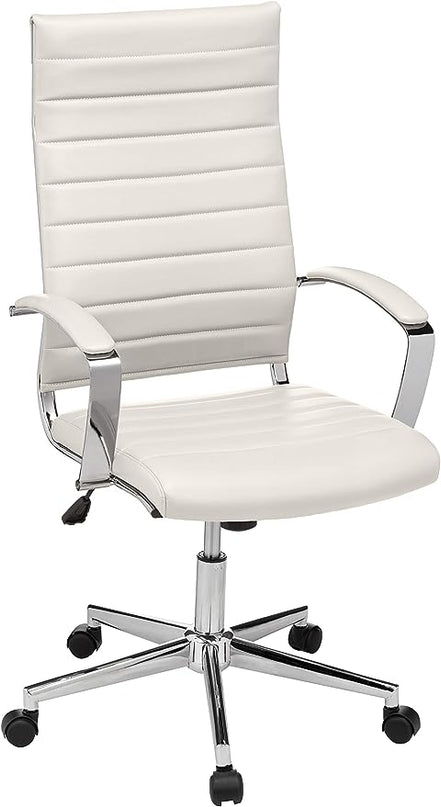 Amazon Basics Executive Modern Office High-Back Adjustable Rolling Computer Desk Chair with Armrests, 360 Swivel, 330 Pound Capacity, Chrome, Stunning White Faux Leather, 23.9"D x 24.69"W x 41.5"H - LeafyLoom