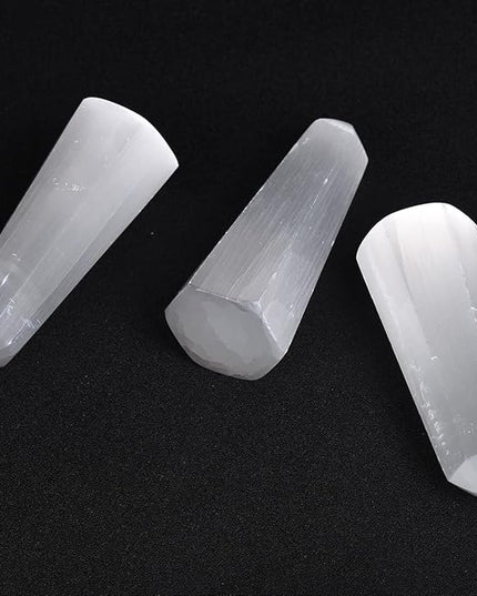 JIC Gem USB Selenite Lamp Hexagonal Crystal Points Selenite Tower Lamp Morocco Skyscraper 4 Inch with Wooden Light Stand Base - LeafyLoom