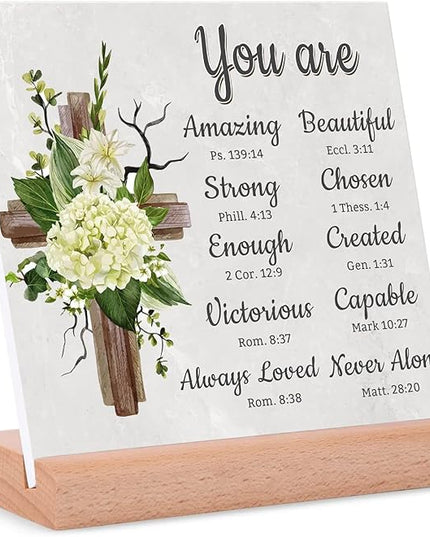 TIKTREE Christian Gifts, Religious Gifts for Women Faith, Catholic Spiritual Gifts with Bible Verse, Christian Home Desk Decor with Wood Stand - LeafyLoom