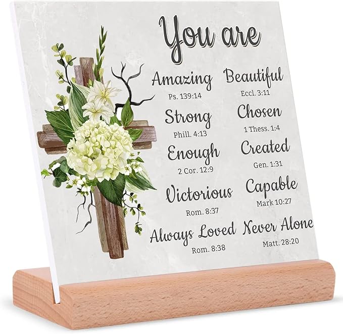 TIKTREE Christian Gifts, Religious Gifts for Women Faith, Catholic Spiritual Gifts with Bible Verse, Christian Home Desk Decor with Wood Stand - LeafyLoom