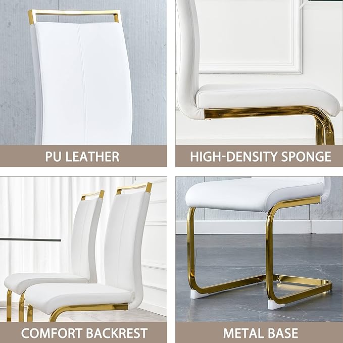 Modern Dining Chairs Set of 4, Side Dining Room Chairs with Golden Legs, Kitchen Chairs with Faux Leather Padded Seat High Back, Chairs for Dining Room,Kitchen, Living Room White - LeafyLoom