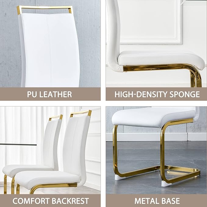 Modern Dining Chairs Set of 2, Side Dining Room Chairs with Golden Legs, Kitchen Chairs with Faux Leather Padded Seat High Back, Chairs for Dining Room,Kitchen, Living Room White - LeafyLoom