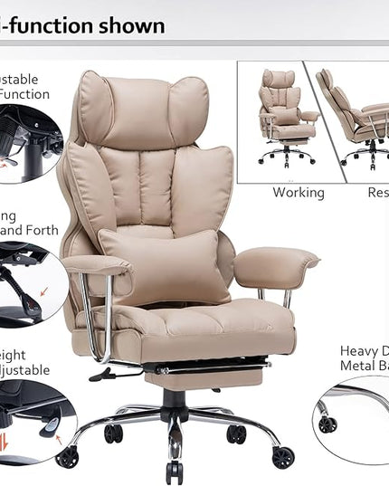 Desk Office Chair 400LBS, Big and Tall Office Chair, PU Leather Computer Chair, Executive Office Chair with Leg Rest and Lumbar Support, Dark Beige Office Chair - LeafyLoom