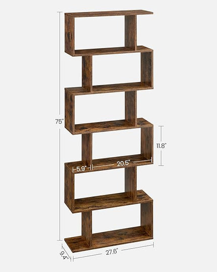 VASAGLE Bookshelf, 6-Tier Bookcase, Tall Display Shelf, Freestanding Storage Shelf, Room Divider, for Home Office, Living Room, Bedroom, Study, Rustic Brown ULBC61BX - LeafyLoom
