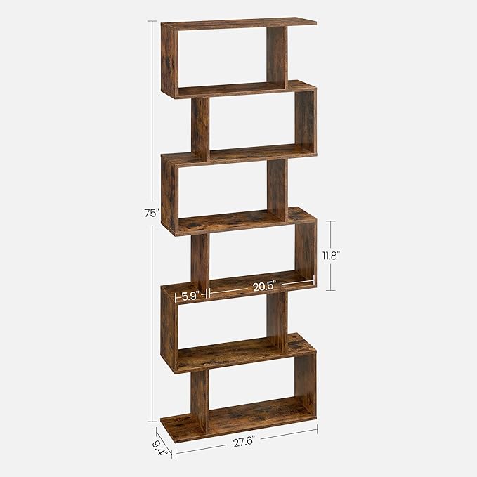 VASAGLE Bookshelf, 6-Tier Bookcase, Tall Display Shelf, Freestanding Storage Shelf, Room Divider, for Home Office, Living Room, Bedroom, Study, Rustic Brown ULBC61BX - LeafyLoom