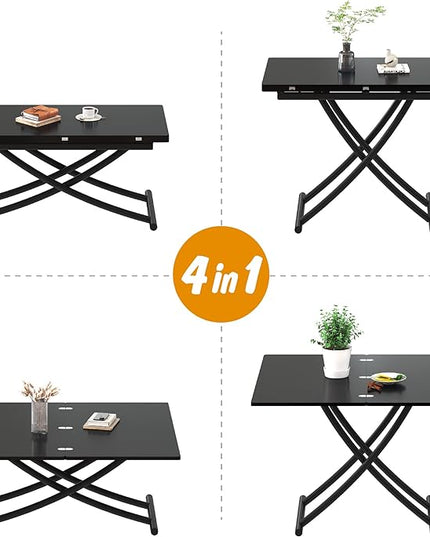Multifunctional Lift Top Coffee Table Convertible to Folding Dining Table Space Saving Adjustable Height Rectangular Modern Coffee Table Wooden Top with Metal Legs, Black - LeafyLoom