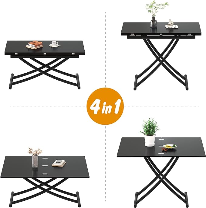 Multifunctional Lift Top Coffee Table Convertible to Folding Dining Table Space Saving Adjustable Height Rectangular Modern Coffee Table Wooden Top with Metal Legs, Black - LeafyLoom
