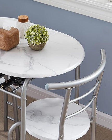 VECELO 3 Piece Small Round Dining Table Set for Kitchen Breakfast Nook, Wood Grain Tabletop with Wine Storage Rack, Save Space, 31.5", White & Silver - LeafyLoom