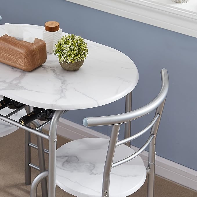 VECELO 3 Piece Small Round Dining Table Set for Kitchen Breakfast Nook, Wood Grain Tabletop with Wine Storage Rack, Save Space, 31.5", White & Silver - LeafyLoom