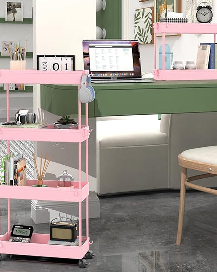 SPACEKEEPER Slim Rolling Storage Cart 4 Tier Bathroom Organizer Utility Cart Mobile Shelving Unit Tower Rack for Kitchen, Laundry Room, Bathroom, Narrow Places, Pink - LeafyLoom