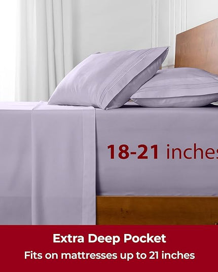 Mellanni Extra Deep Split King Sheets - 5 PC Iconic Collection Bedding Sheets & Pillowcases - Hotel Luxury, Ultra Soft, Cooling Bed Sheets - Extra Deep Pocket up to 21 inch (Split King, Lavender) - LeafyLoom