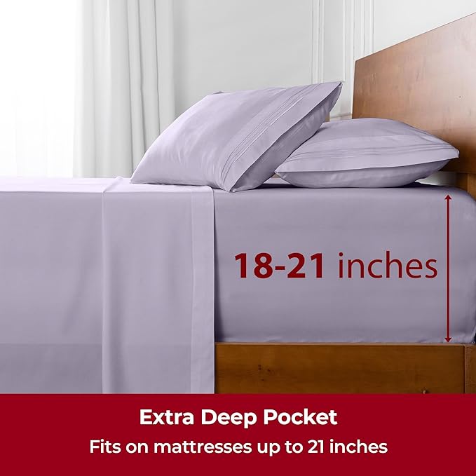 Mellanni Extra Deep Split King Sheets - 5 PC Iconic Collection Bedding Sheets & Pillowcases - Hotel Luxury, Ultra Soft, Cooling Bed Sheets - Extra Deep Pocket up to 21 inch (Split King, Lavender) - LeafyLoom