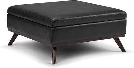 SIMPLIHOME Owen 36 Inch Wide Mid Century Modern Square Coffee Table Lift Top Storage Ottoman in Upholstered Distressed Black Faux Leather, For the Living Room - LeafyLoom
