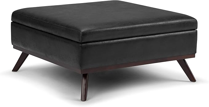 SIMPLIHOME Owen 36 Inch Wide Mid Century Modern Square Coffee Table Lift Top Storage Ottoman in Upholstered Distressed Black Faux Leather, For the Living Room - LeafyLoom