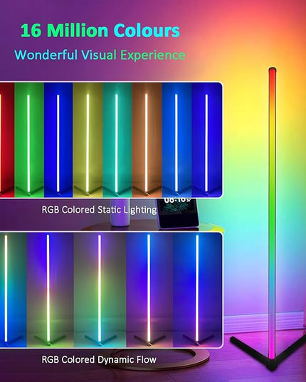 RGB Corner Floor Lamp, Color Changing Mood Lighting with App and Remote Control, Music Sync/DIY Colors, Modern LED Floor Lamp for Bedroom Living Rooms Gaming Room, 16 Million Colors & Scene Mode - LeafyLoom