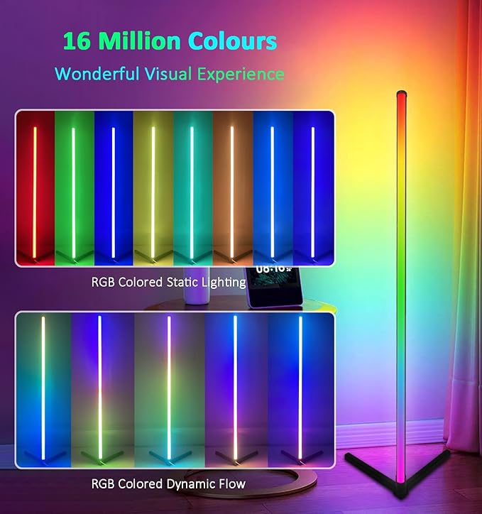 RGB Corner Floor Lamp, Color Changing Mood Lighting with App and Remote Control, Music Sync/DIY Colors, Modern LED Floor Lamp for Bedroom Living Rooms Gaming Room, 16 Million Colors & Scene Mode - LeafyLoom
