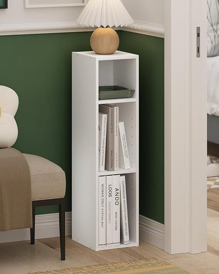 Furinno Fulda 3-Tier Space Saving Storage Shelf Bookcase, 8-Inch Width, White - LeafyLoom