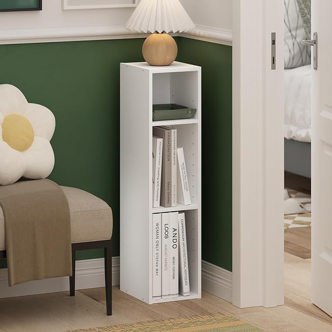 Furinno Fulda 3-Tier Space Saving Storage Shelf Bookcase, 8-Inch Width, White - LeafyLoom