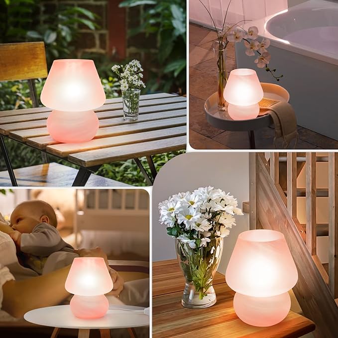 Mushroom Lamp Cute Table Lamp for Bedroom Nightstand Soft Light Pink, Small Glass Nightlight Stepless Dimmable Desk Lamp for Dining, Living, Nursery, Vanity, Home Decor Gift for Girls Women - LeafyLoom