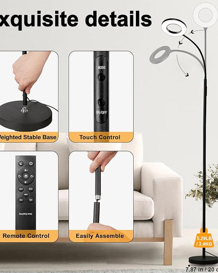 LED Floor Lamp, Bright 18W Floor Lamps for Living Room with 1H Timer, Stepless Adjustable 2700-6500K Colors & Brightness Tall Standing Lamp with Remote & Touch Control Reading Floor Lamps - LeafyLoom