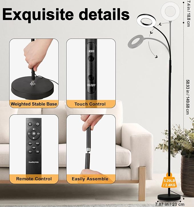 LED Floor Lamp, Bright 18W Floor Lamps for Living Room with 1H Timer, Stepless Adjustable 2700-6500K Colors & Brightness Tall Standing Lamp with Remote & Touch Control Reading Floor Lamps - LeafyLoom
