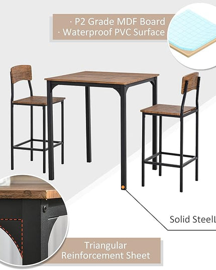 NicBex Kitchen Table for 2 Dining Room Set 3 Piece Bar Table Set, Industrial Counter Height Dining Table Set, Bar Table & Chairs with Steel Legs & Footrests, Rustic Brown - LeafyLoom