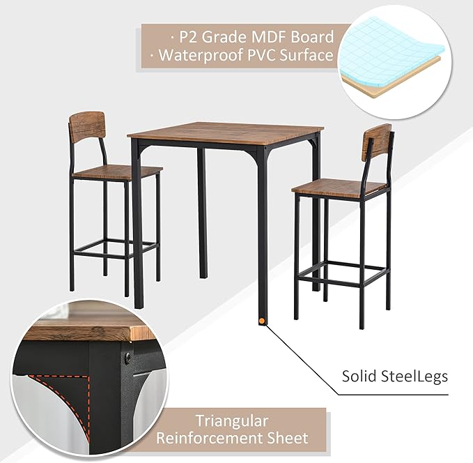 NicBex Kitchen Table for 2 Dining Room Set 3 Piece Bar Table Set, Industrial Counter Height Dining Table Set, Bar Table & Chairs with Steel Legs & Footrests, Rustic Brown - LeafyLoom